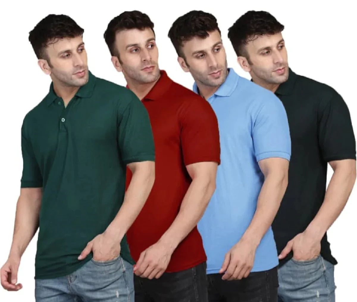 Cotton Solid Half Sleeves Mens Polo Neck T-Shirt Pack of 4