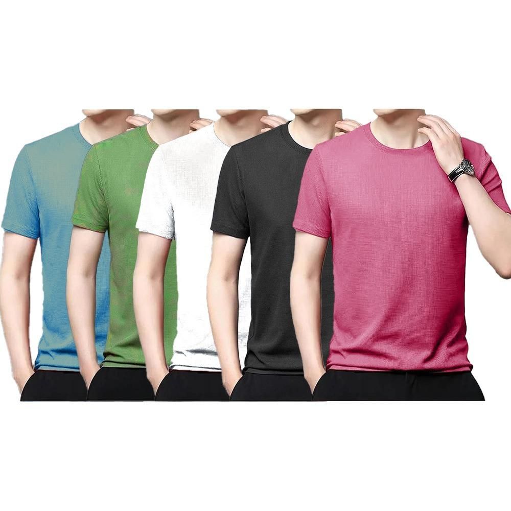 Stretchable Solid Half Sleeves Mens Round Neck T-Shirt Pack Of 5
